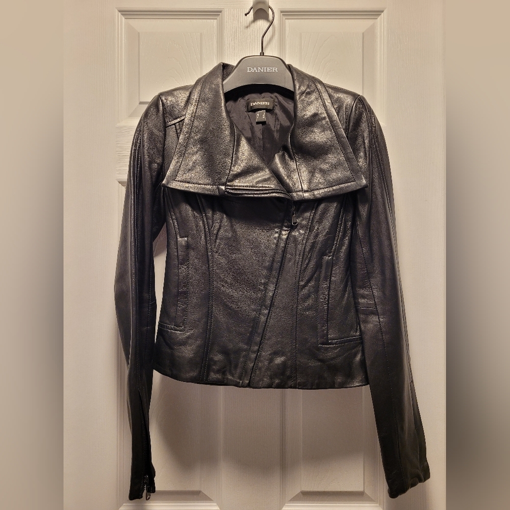 Danier Black Leather Moto Jacket Asymmetrical Design